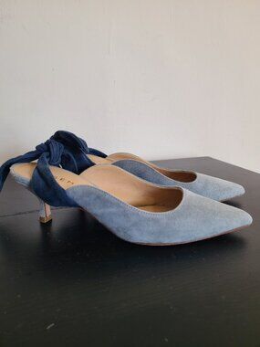 M.Gemi Suede Slingback Pumps Bow Tie Blue Size 37.5